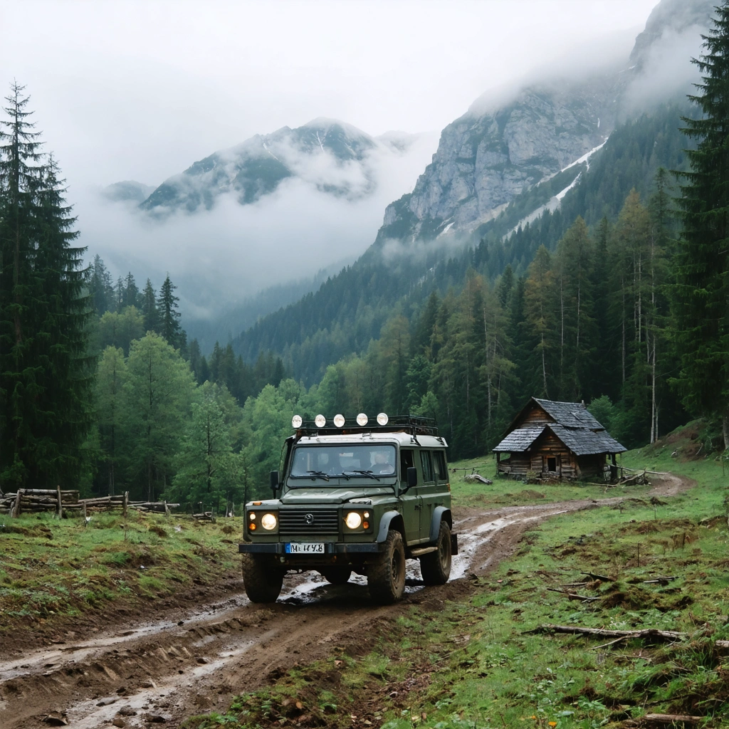 Un 4x4 circule sur une piste sauvage au cœur des Carpates roumaines, entouré de forêts denses, de montagnes embrumées et d’un village traditionnel.