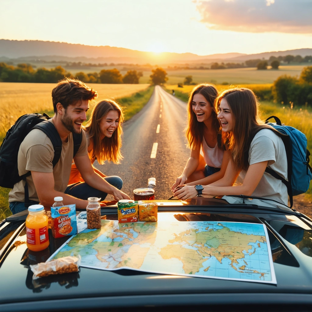 Des amis rient en préparant un road trip autour d'une voiture garée sur une route de campagne, avec une carte et des sacs.