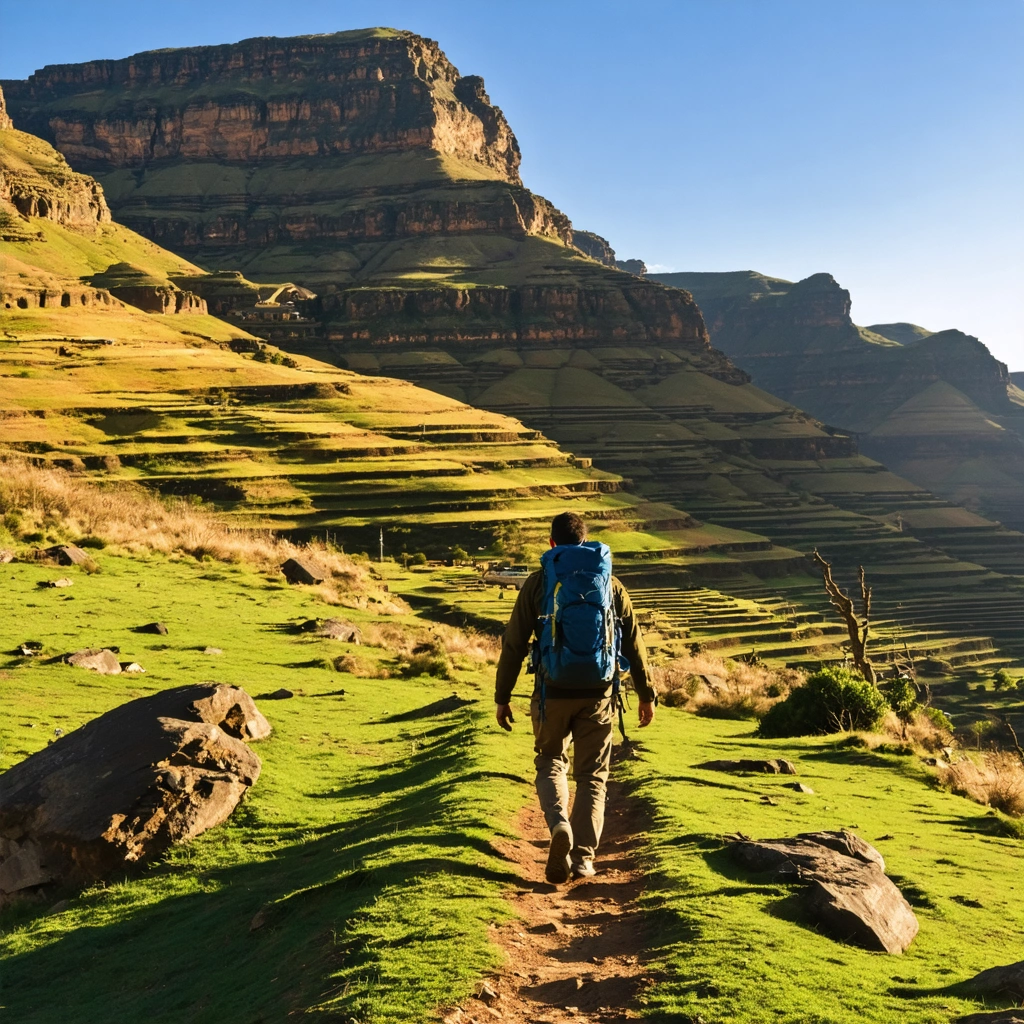 Un paysage spectaculaire des montagnes du Simien avec des falaises impressionnantes, un(e) randonneur(se) solitaire sur un sentier isolé, et un village de huttes traditionnelles au loin, sous une lumière dorée du matin.