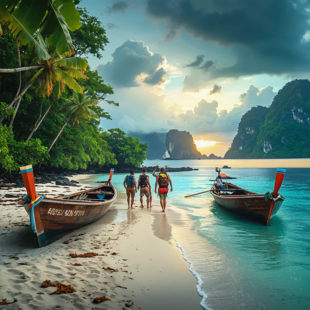 Groupe de voyageurs explorant une plage secrète d'une île indonésienne, entourés de végétation tropicale et de pirogues traditionnelles au coucher du soleil.