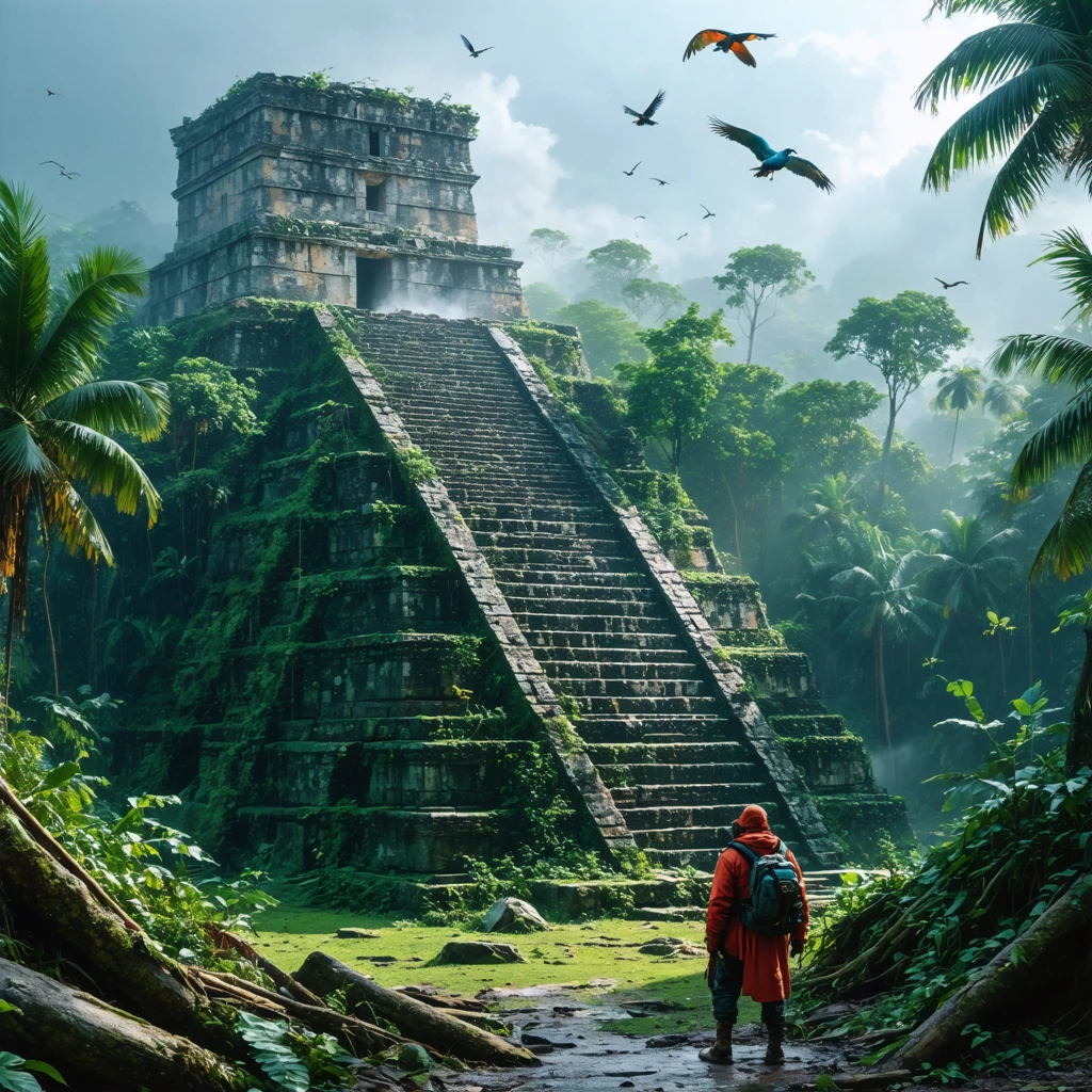 Un explorateur solitaire face à d'anciennes ruines mayas au cœur de la jungle du Belize, entouré d'oiseaux tropicaux et d'une légère brume.