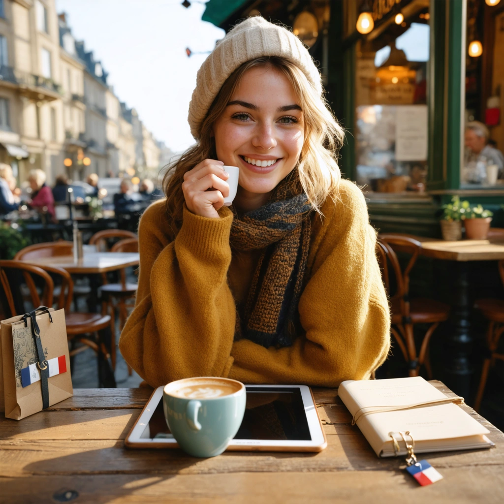 Jeune femme souriante dans un café à l'étranger, écrivant dans son carnet de voyage, entourée d'objets rappelant la France et l'aventure.