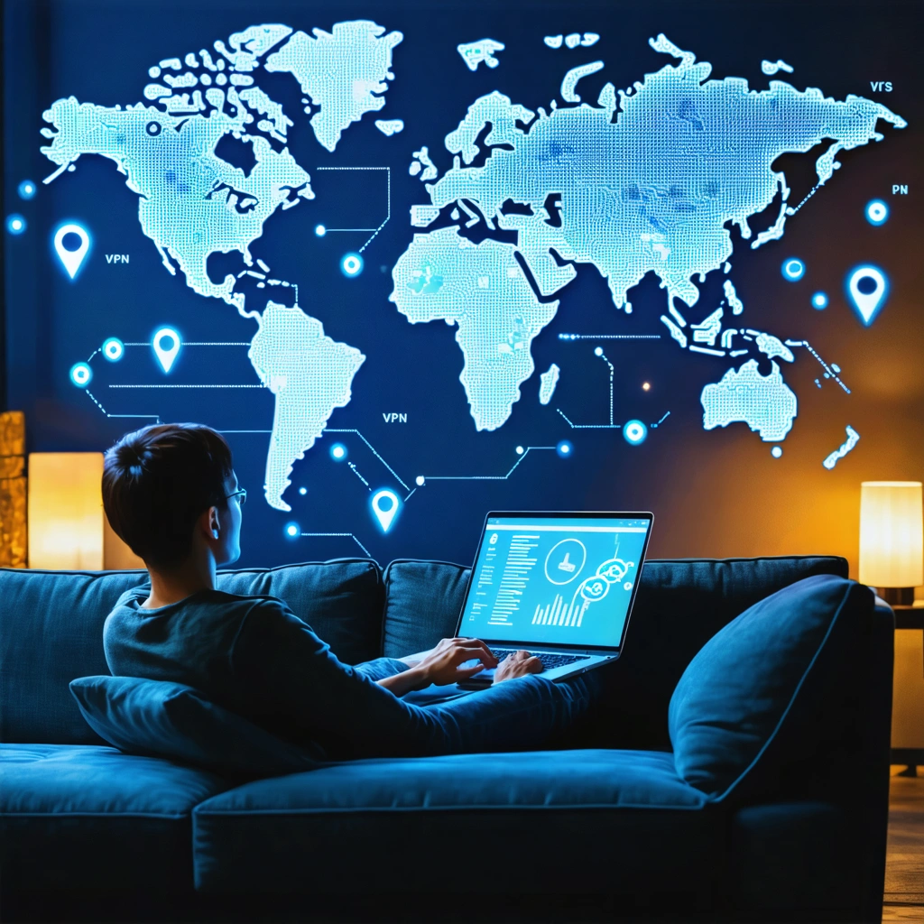 Personne assise sur un canapé utilisant un ordinateur portable, avec des cartes du monde et des marqueurs de localisation flottant autour, illustrant le changement de fuseau horaire grâce à un VPN.
