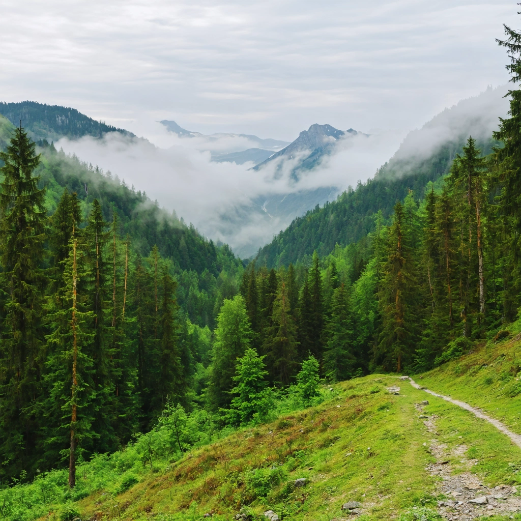 Vue panoramique d'un parc national méconnu des Carpates roumaines avec forêts denses, gorges impressionnantes et sentiers sauvages, sans présence touristique.