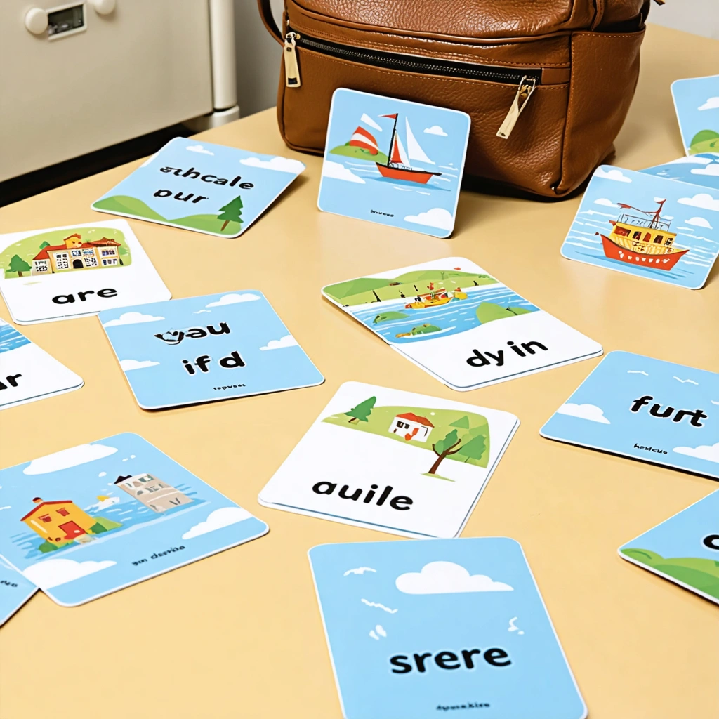 Des flashcards dispersées sur une table, certaines dépassant d'un sac de voyage et d'autres posées sur une porte de frigo, illustrant un univers ludique d'apprentissage pour les voyageurs pressés.