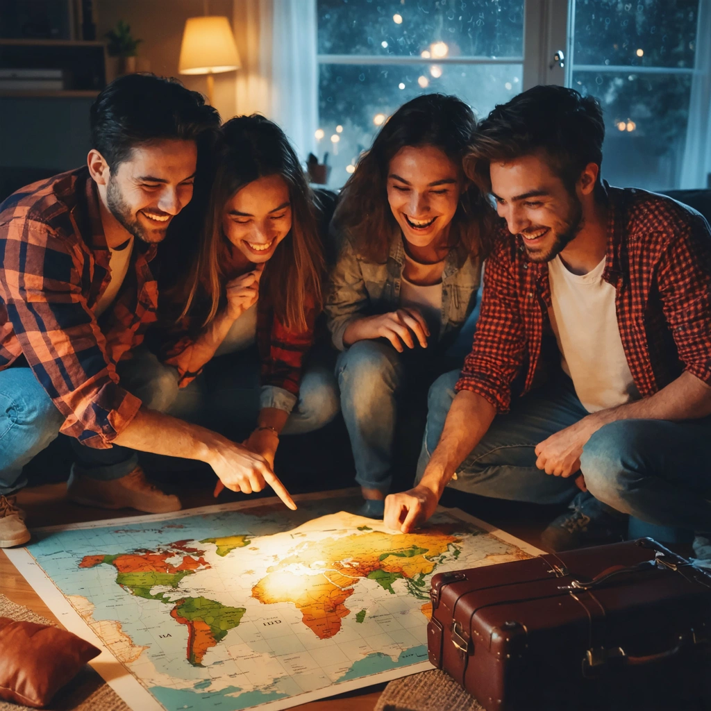 Des amis réunis dans un salon, souriants, en train de choisir une destination sur une carte posée sur une table, valises et coussin prêts à partir en voyage sur un coup de tête.