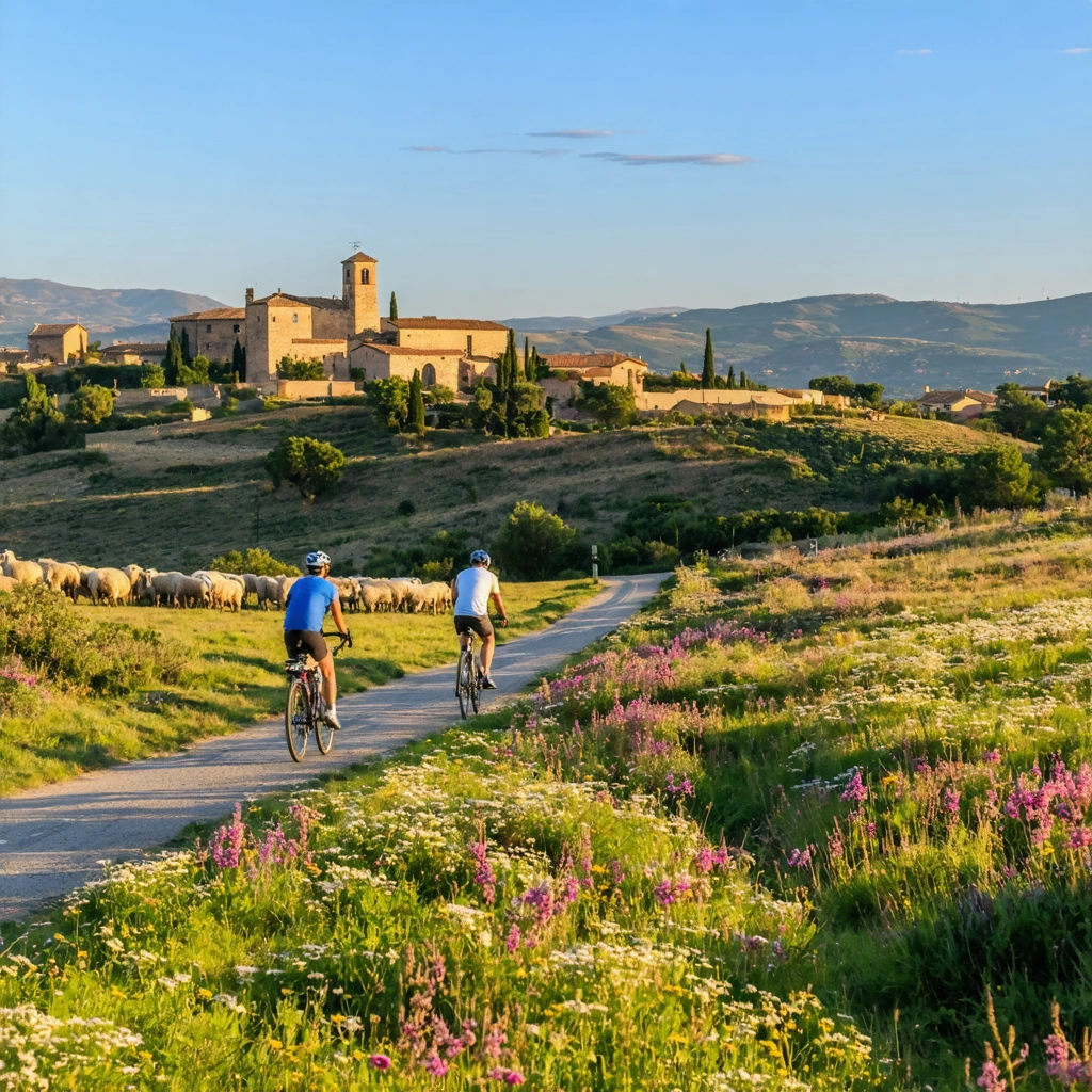 Groupe de cyclistes traversant la campagne espagnole, avec des collines, un troupeau de moutons et un village ancien à l'arrière-plan, sous un ciel lumineux.