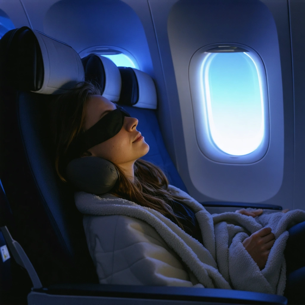 Voyageuse dormant confortablement en avion avec accessoires de sommeil, masque sur les yeux et coussin