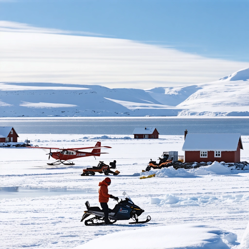 Village enneigé du Nunavut avec de petits avions, des motoneiges, des montagnes au loin et une personne en tenue polaire préparant son équipement pour une expédition.