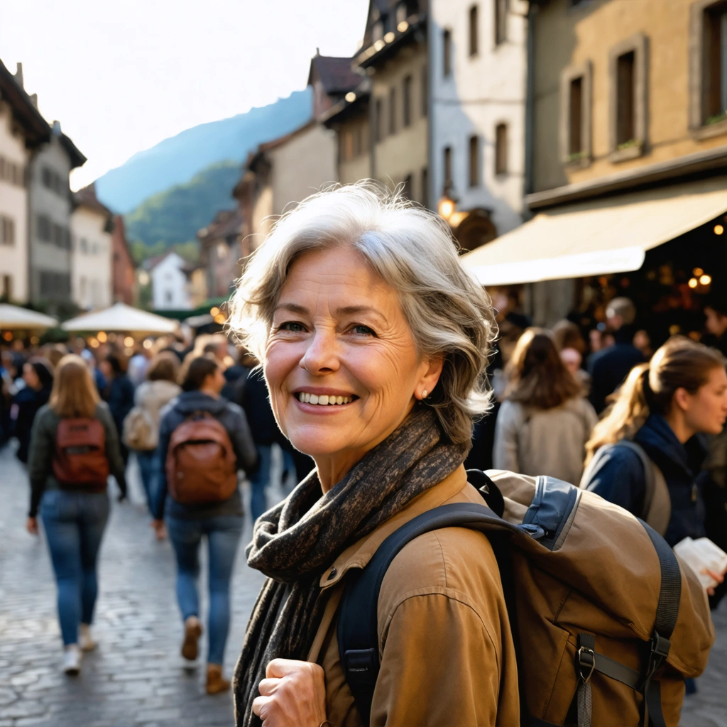 Une femme d'une soixantaine d'années posant souriante avec son sac à dos sur une place européenne animée au coucher du soleil, confidentielle et sereine.