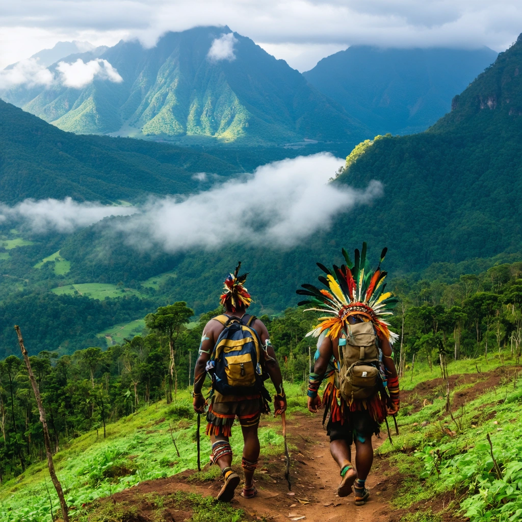 Voyageur dans les hauts plateaux de Papouasie-Nouvelle-Guinée, admirant des vallées vertes entouré de montagnes et croisant des Papous en tenues traditionnelles et parures colorées.