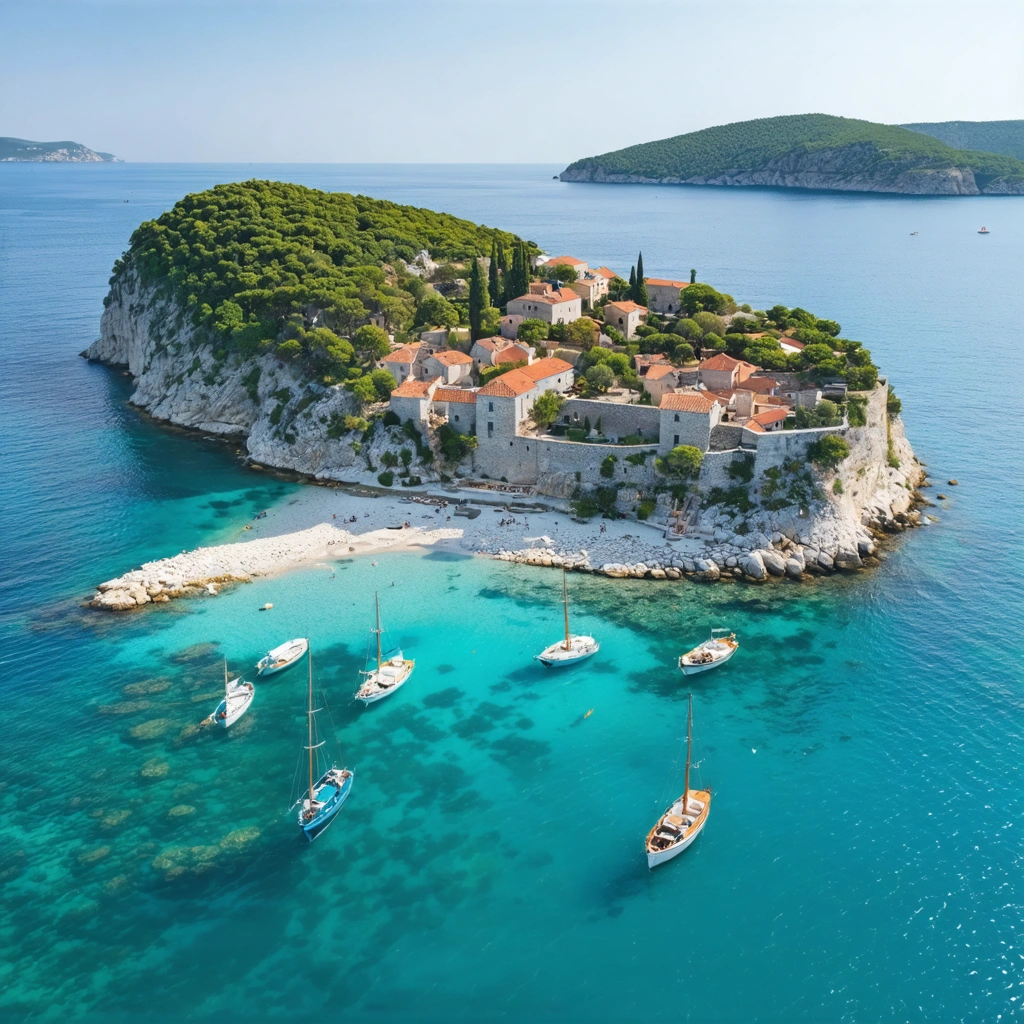 Vue aérienne d'une île secrète de la Dalmatie nord en Croatie, entourée d'eau turquoise, de plages désertes et de forêts de pins, avec quelques bateaux de pêche traditionnels.