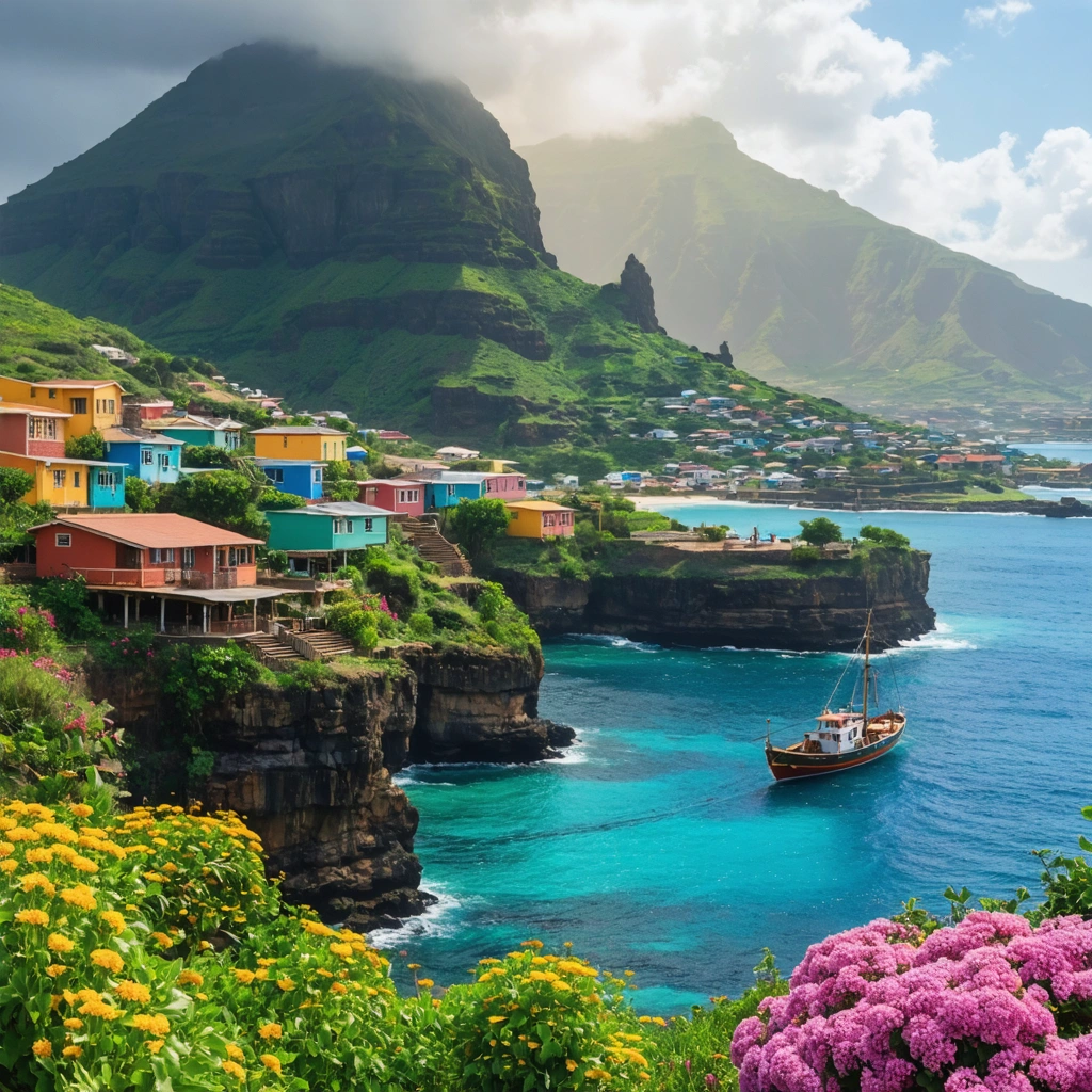 Paysage sauvage et luxuriant d'une île secrète du Cap-Vert, avec volcan, vallées verdoyantes, maisons colorées et fleurs tropicales.