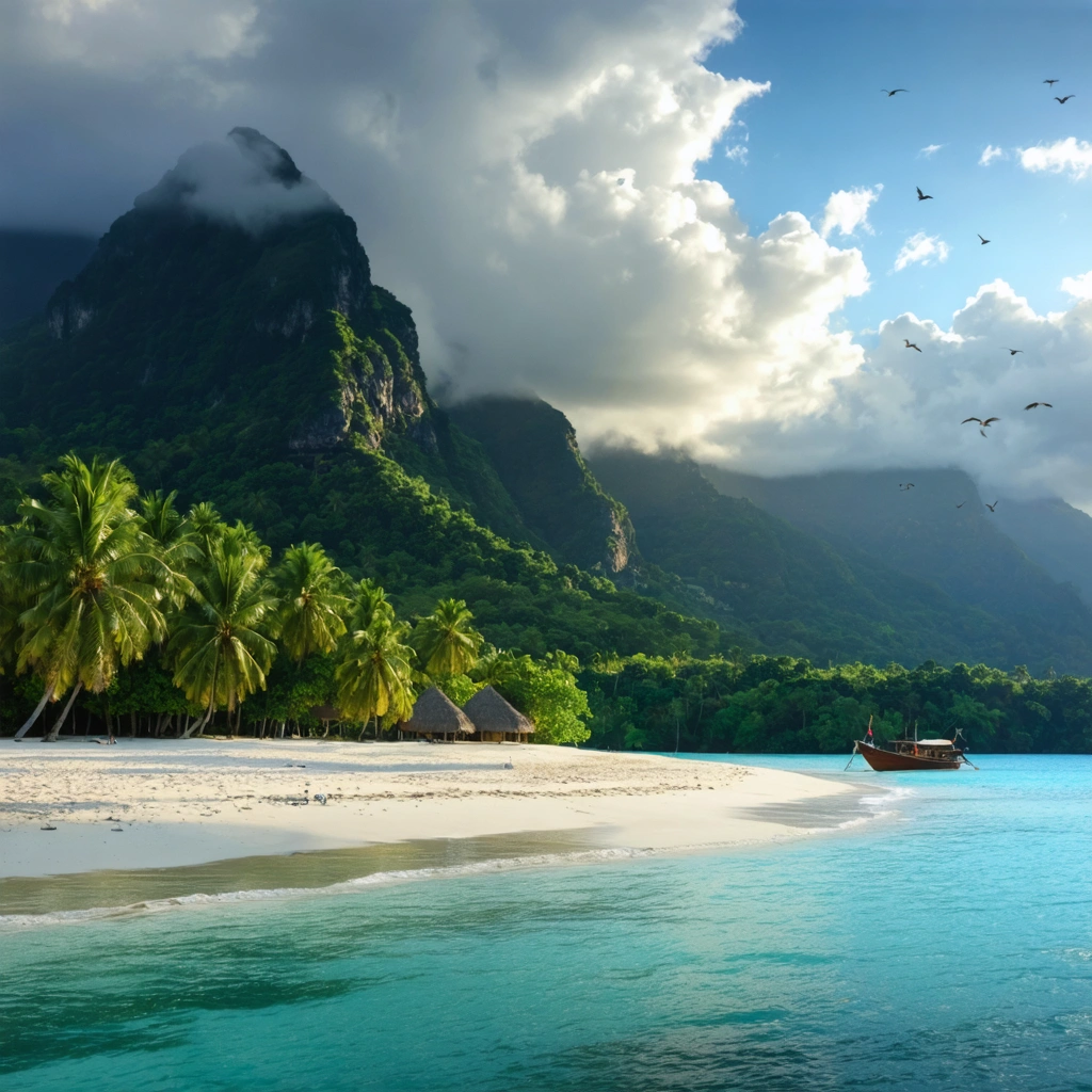 Paysage tropical réaliste d'une île secrète des Fidji avec une plage déserte, une jungle, un village local et un lagon turquoise