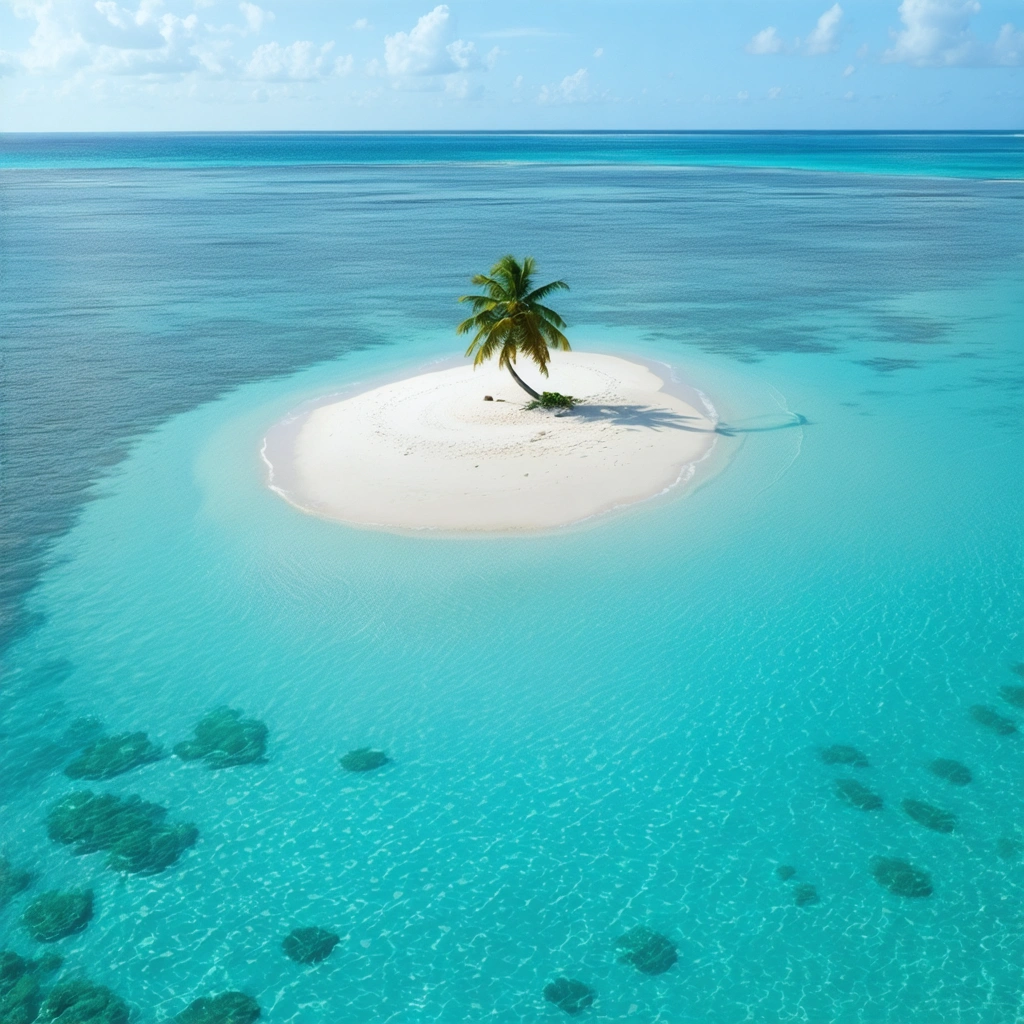 Vue aérienne réaliste d'un îlot désertique des Antilles néerlandaises avec plage de sable, mer turquoise et un unique palmier.