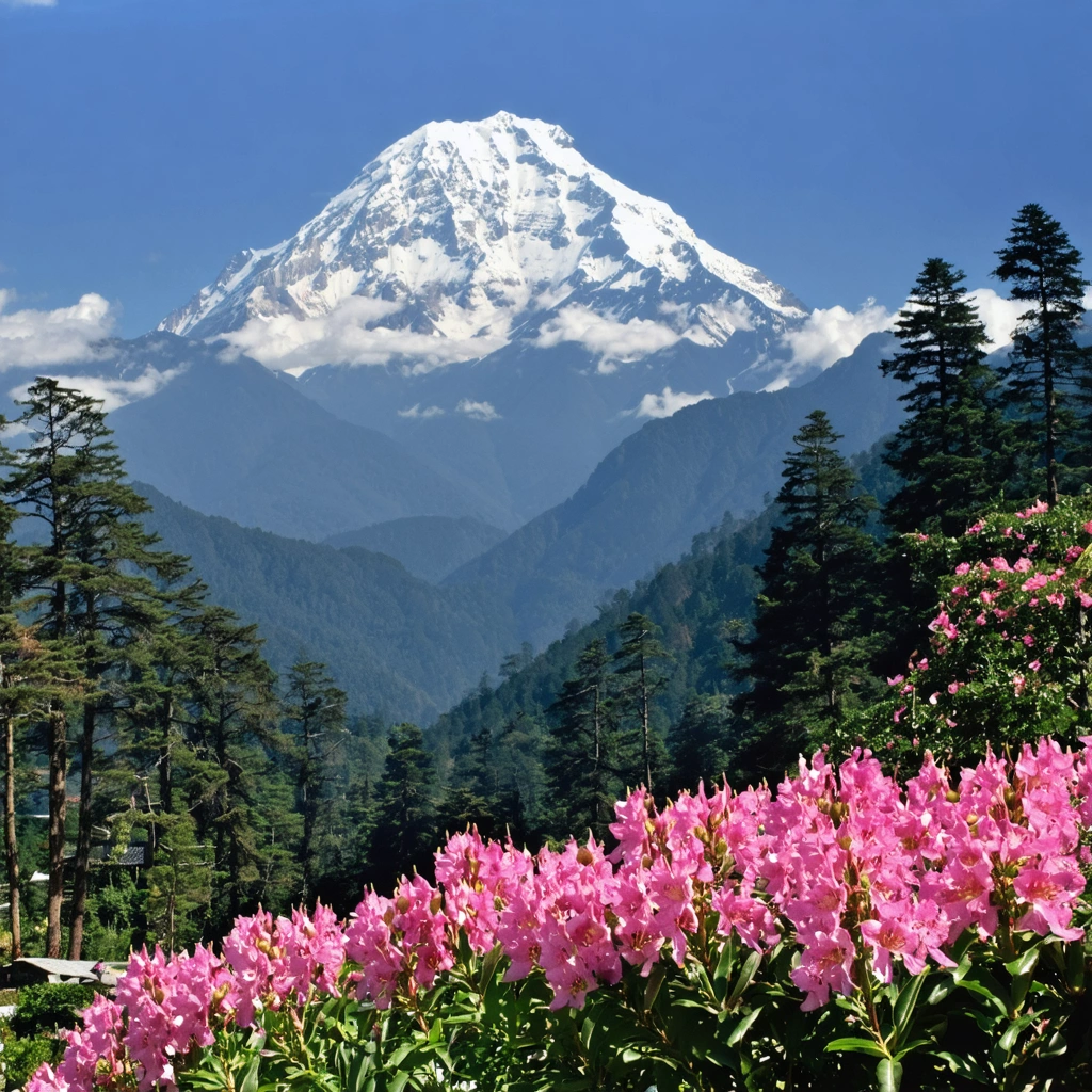 Panorama du parc national de Kanchenjunga avec le sommet enneigé, des forêts de rhododendrons, des yaks et un village isolé dans la brume.