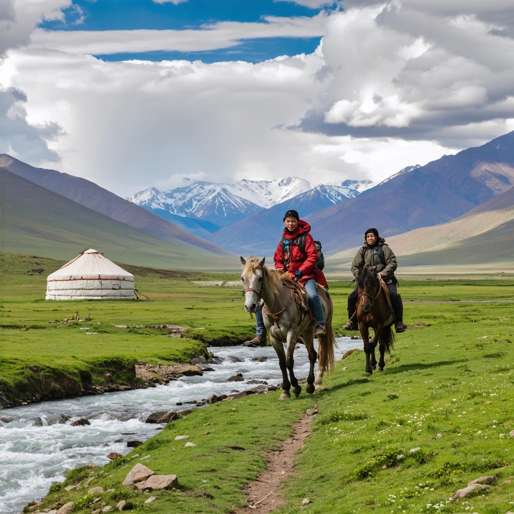 Scène réaliste de trek dans une vallée sauvage du Kirghizistan, avec des montagnes enneigées, des randonneurs, un cavalier local et une yourte en feutre.