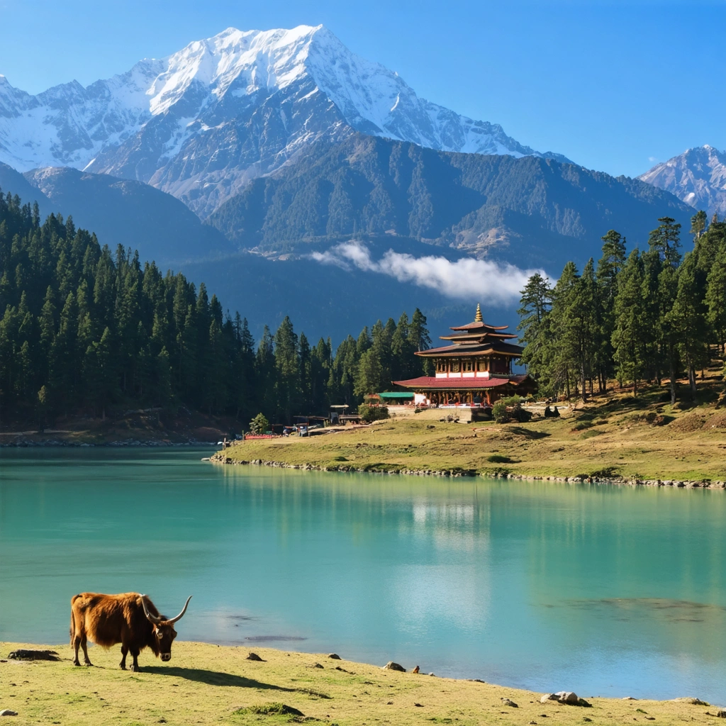 Lac turquoise entouré de forêts et montagnes enneigées dans un parc national méconnu du Népal, avec des yaks et un monastère en arrière-plan.