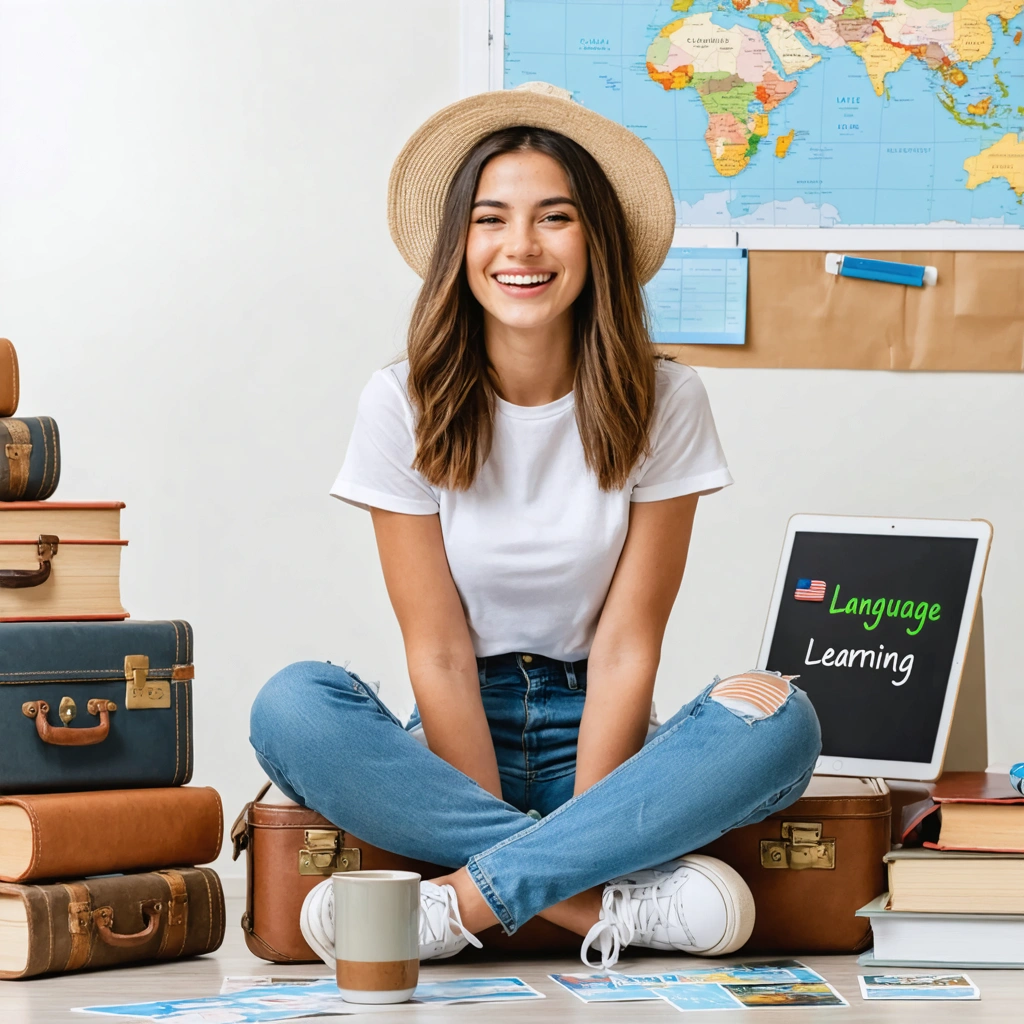 Jeune femme souriante, assise sur une valise, entourée de livres de langues et d'applications, prête à apprendre une langue pour voyager.