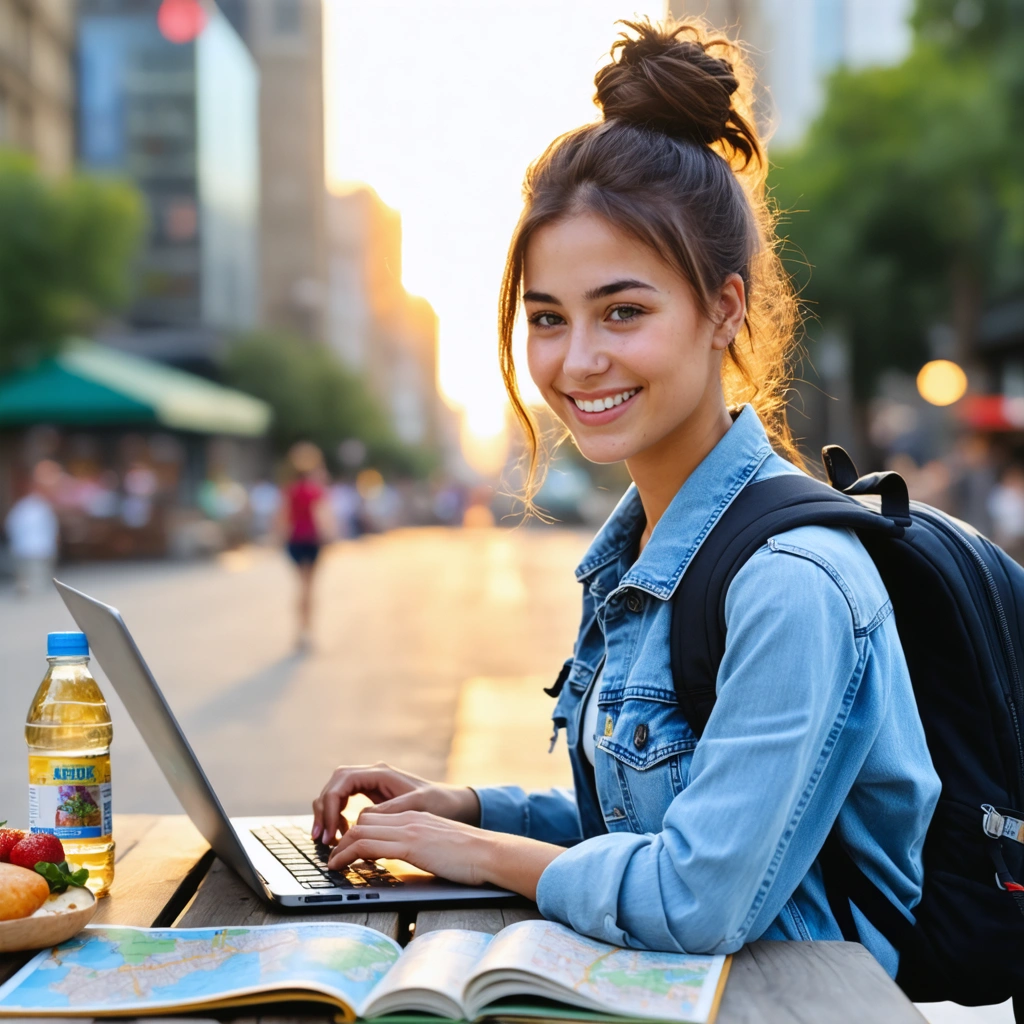 Lucie consulte son budget voyage sur un ordinateur portable, entourée de cartes, de street food et de sa gourde, dans une ambiance de coucher de soleil en ville.