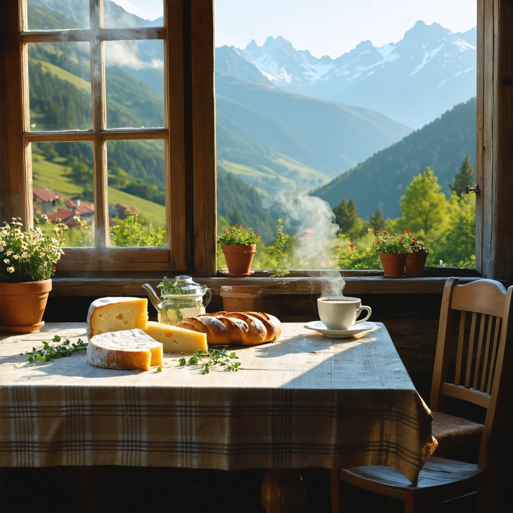 Une petite maison d'hôtes chaleureuse dans la Serra da Estrela, avec une table accueillante garnie de fromage local, de pain et d'un café chaud, tandis qu'une personne âgée partage des histoires avec un visiteur devant une fenêtre ouverte sur les montagnes.