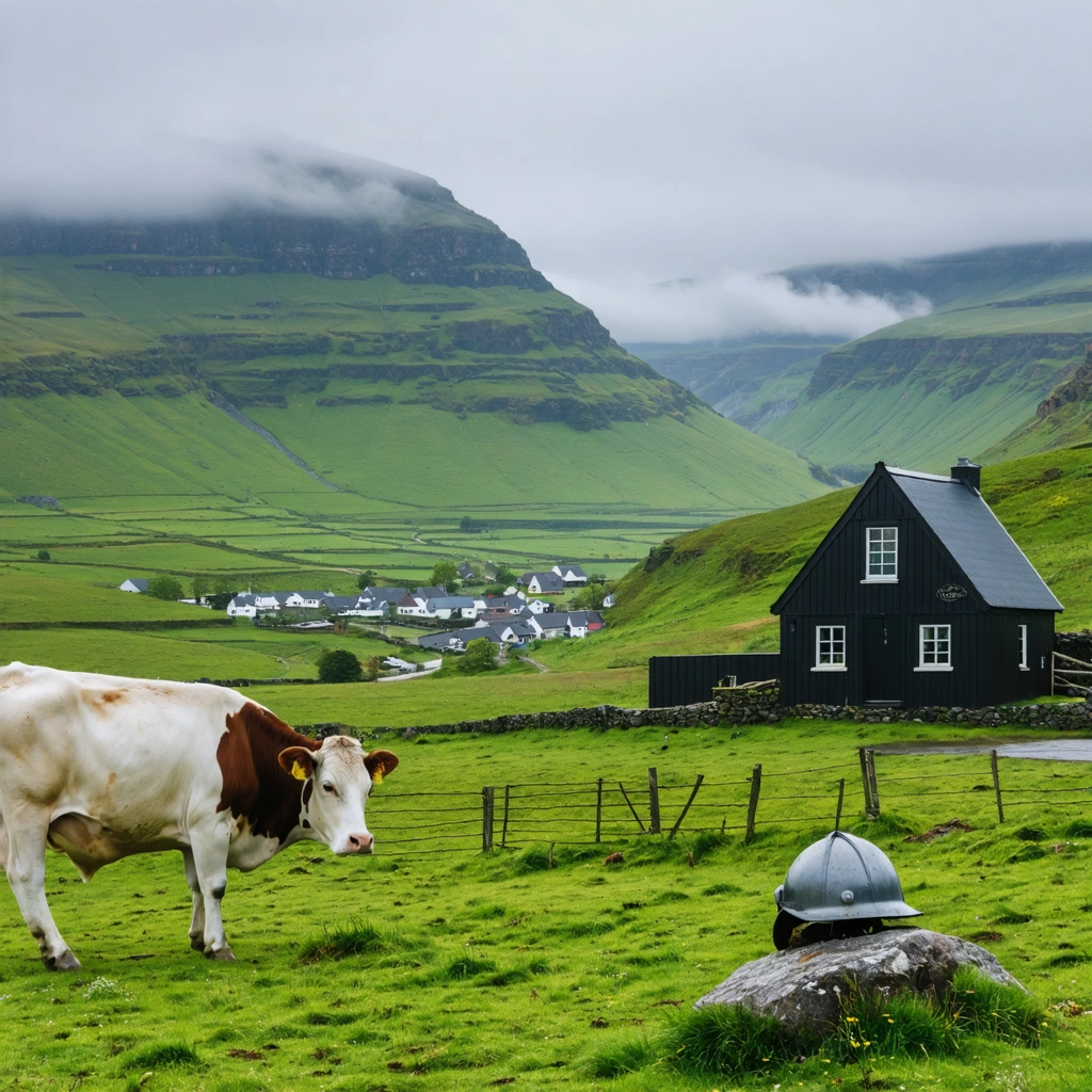 Paysage vallonné et verdoyant du Leitrim en Irlande, avec des vaches paissant, une distillerie pittoresque au loin et l’entrée d’une ancienne mine, sous un ciel brumeux.