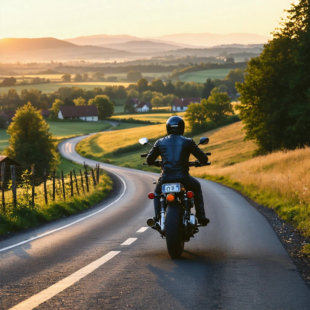 Motard traversant une route de campagne européenne au lever du soleil, prêt à vivre l'aventure loin des sentiers battus