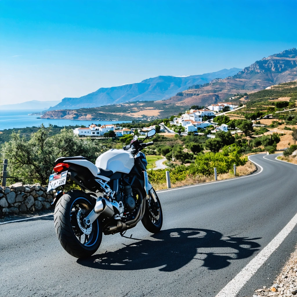 Une moto garée sur une route sinueuse au Portugal, entourée de montagnes, d'oliviers et d'un village blanc en arrière-plan, sous un ciel ensoleillé.