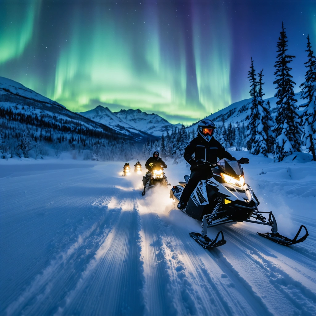 Des motoneigistes traversant un paysage hivernal sauvage au Labrador, entourés de neige poudreuse et de montagnes lointaines, sous des aurores boréales.