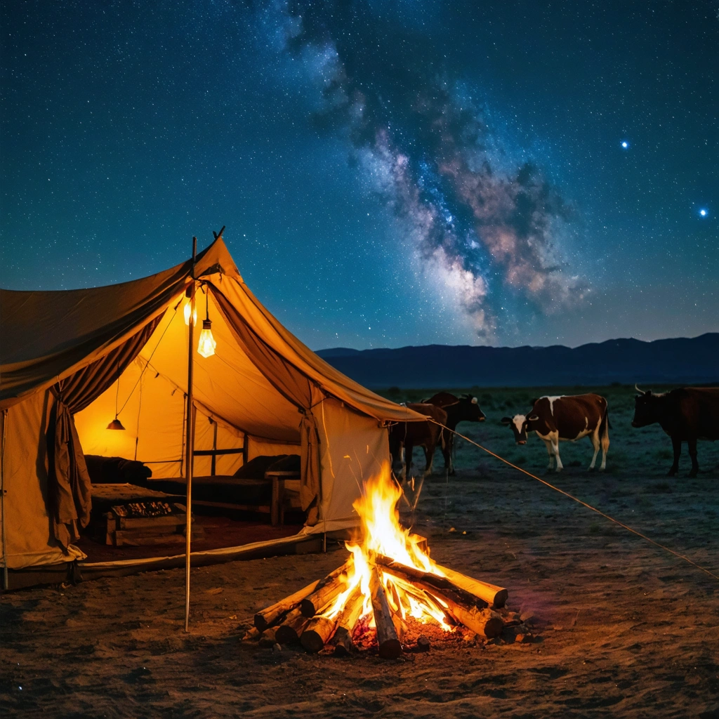 Campement isolé dans le Kaokoland, sous un ciel étoilé, avec un feu de camp, une tente rustique et un troupeau de zébus en arrière-plan, sans aucun signe de modernité.