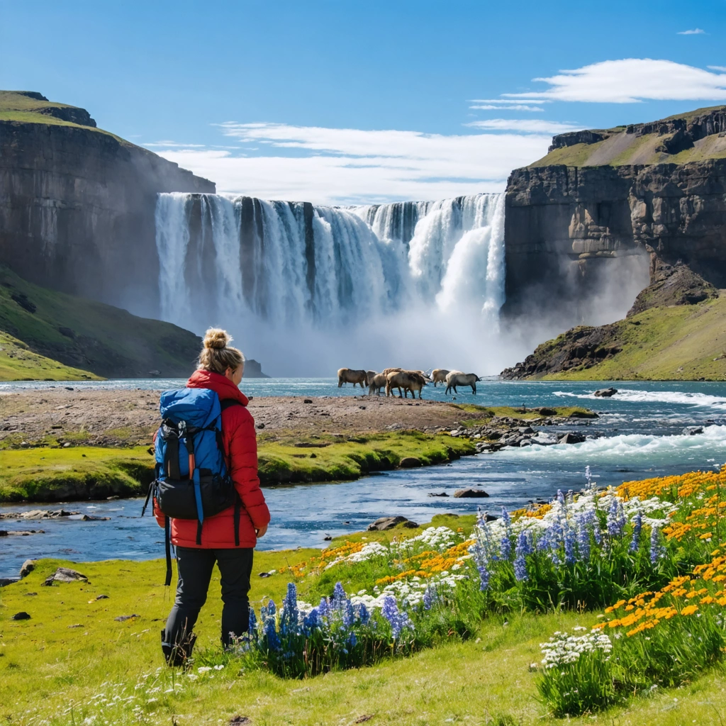 Paysage grandiose du Nunavut avec une cascade, des caribous, une exploratrice en parka et des vestiges archéologiques inuits sur la toundra.
