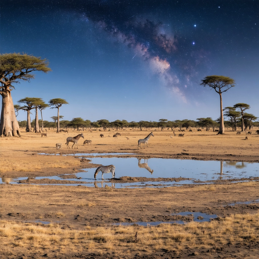 Paysage naturel et sauvage d'un parc national méconnu du Botswana avec savane, baobabs, zèbres et ciel étoilé, sans présence de touristes.