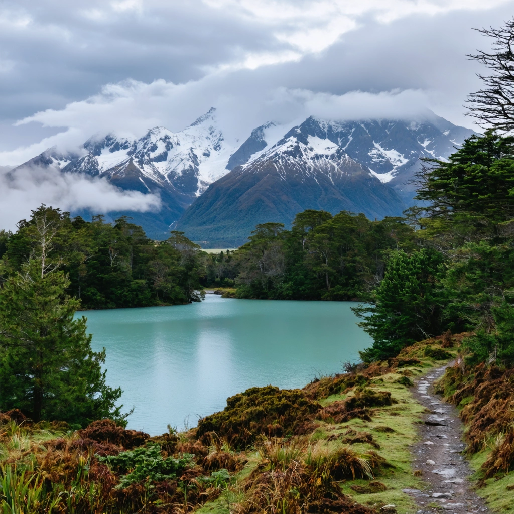 Paysage spectaculaire d'un parc national méconnu du sud de la Nouvelle-Zélande, avec montagnes enneigées, lac turquoise et forêt vierge.
