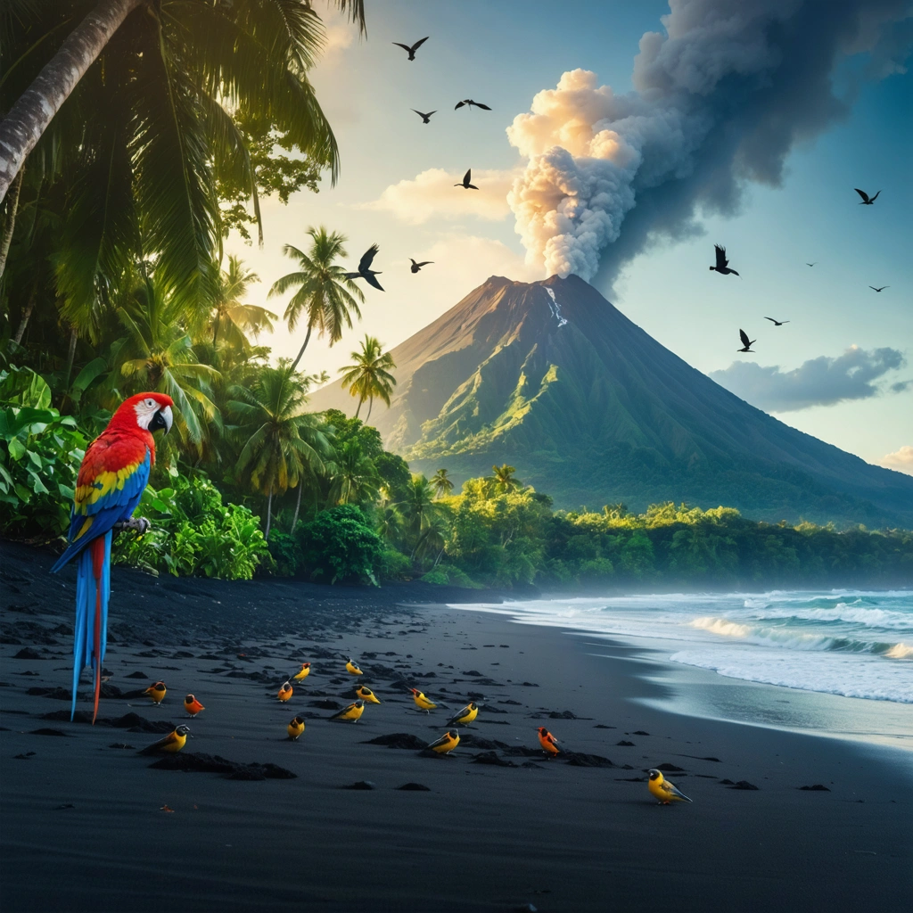 Vue d'une plage de sable noir bordée par une jungle dense, avec un volcan au loin et des oiseaux tropicaux et des chauves-souris volant dans le ciel.