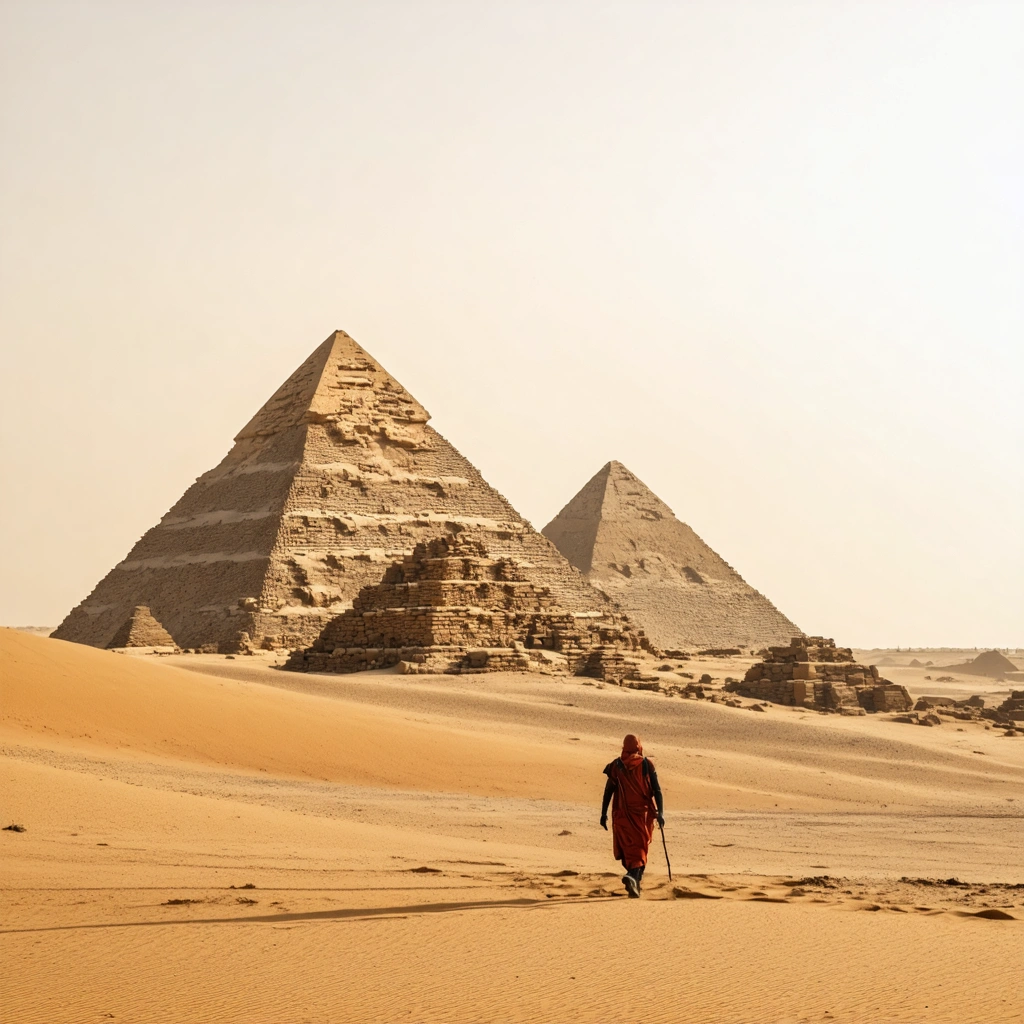Des pyramides nubiennes au Soudan, baignées de la lumière dorée du lever du soleil, avec une silhouette d'explorateur devant les ruines.