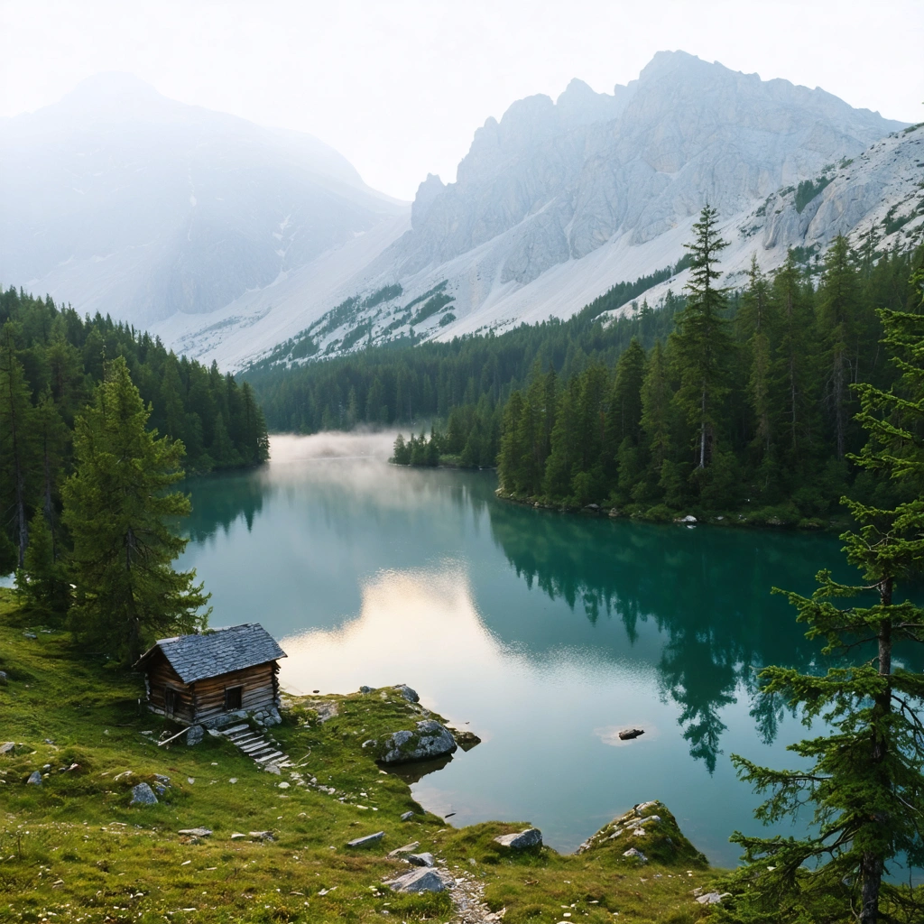Paysage sauvage du massif de Rila avec un lac isolé entouré de forêts de pins et de montagnes rocheuses, une petite cabane de montagne visible au loin, sans aucune présence humaine.