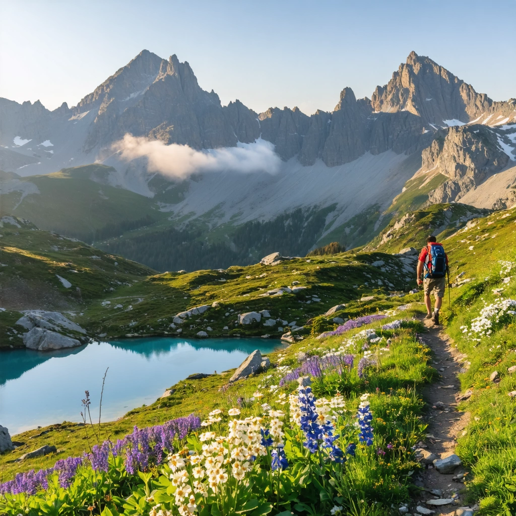 Paysage de montagne du massif de Rila en Bulgarie avec des lacs alpins, des sommets imposants et quelques randonneurs sur un sentier isolé, sous une lumière matinale.