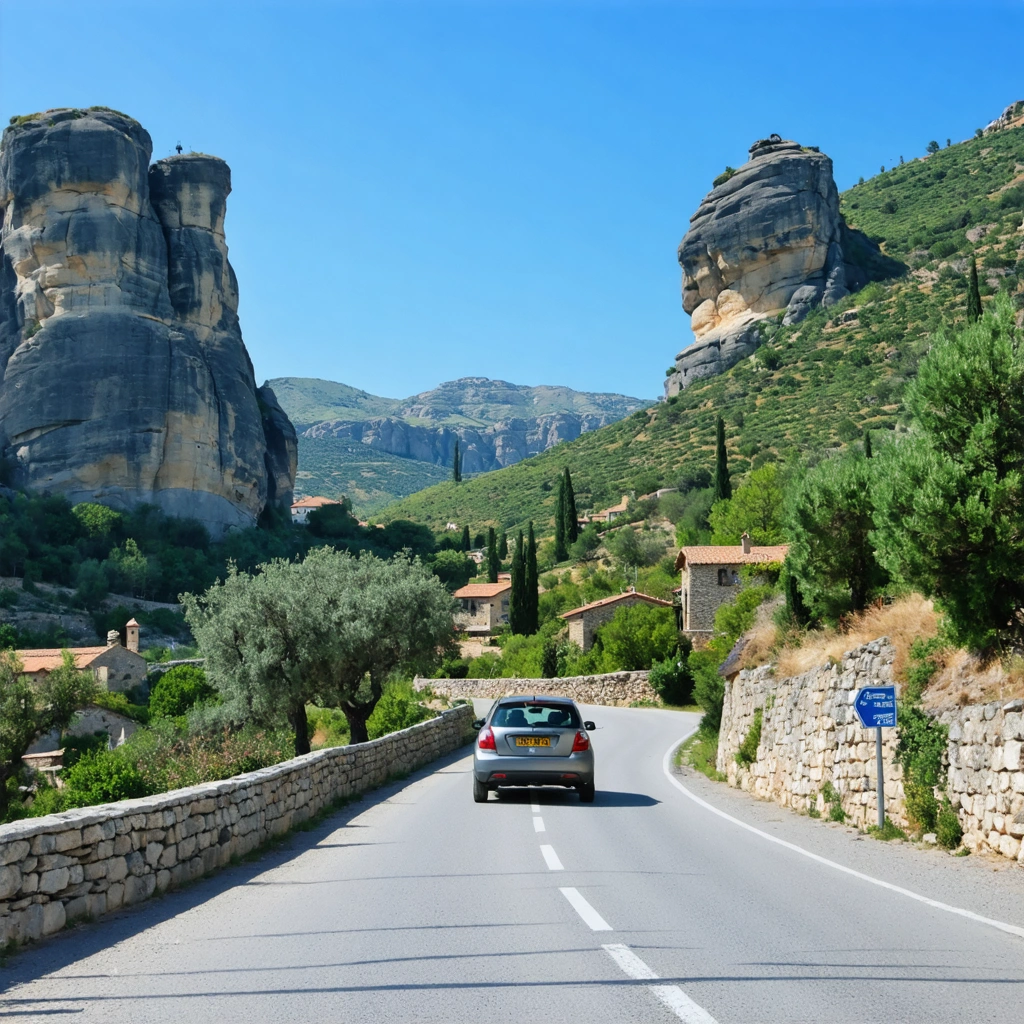 Une voiture roule sur une petite route isolée de la Grèce continentale, entourée de montagnes verdoyantes, de villages traditionnels, de monastères perchés et d'oliviers sous un ciel bleu éclatant.