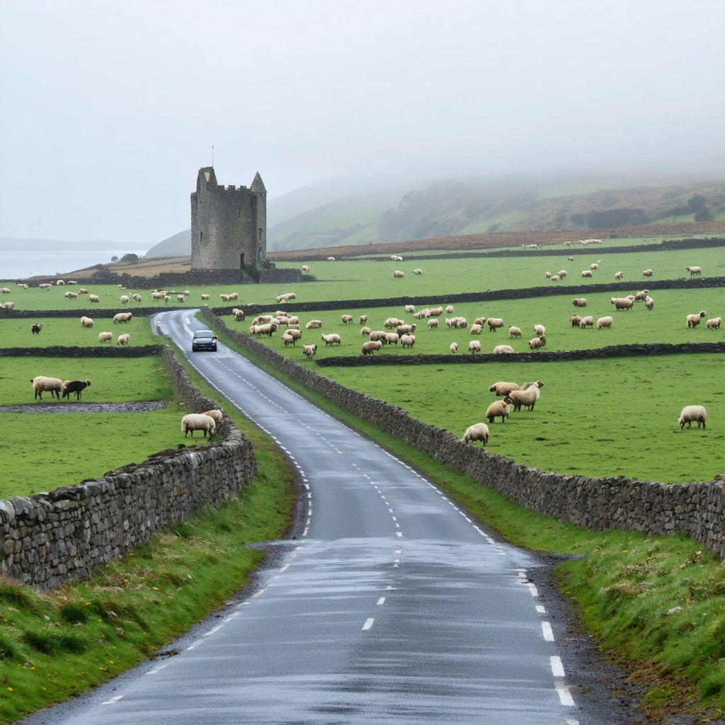 Petite route sinueuse en Irlande, bordée de champs verts, de moutons, d'un lac mystérieux avec une tour médiévale, et une voiture garée au bord, sous une légère brume matinale.