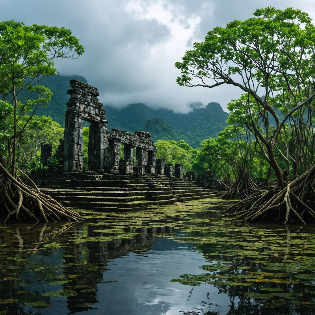 Vue réaliste des ruines anciennes de Nan Madol en Micronésie, bordées de mangroves et de canaux mystérieux, sans trace de touristes.