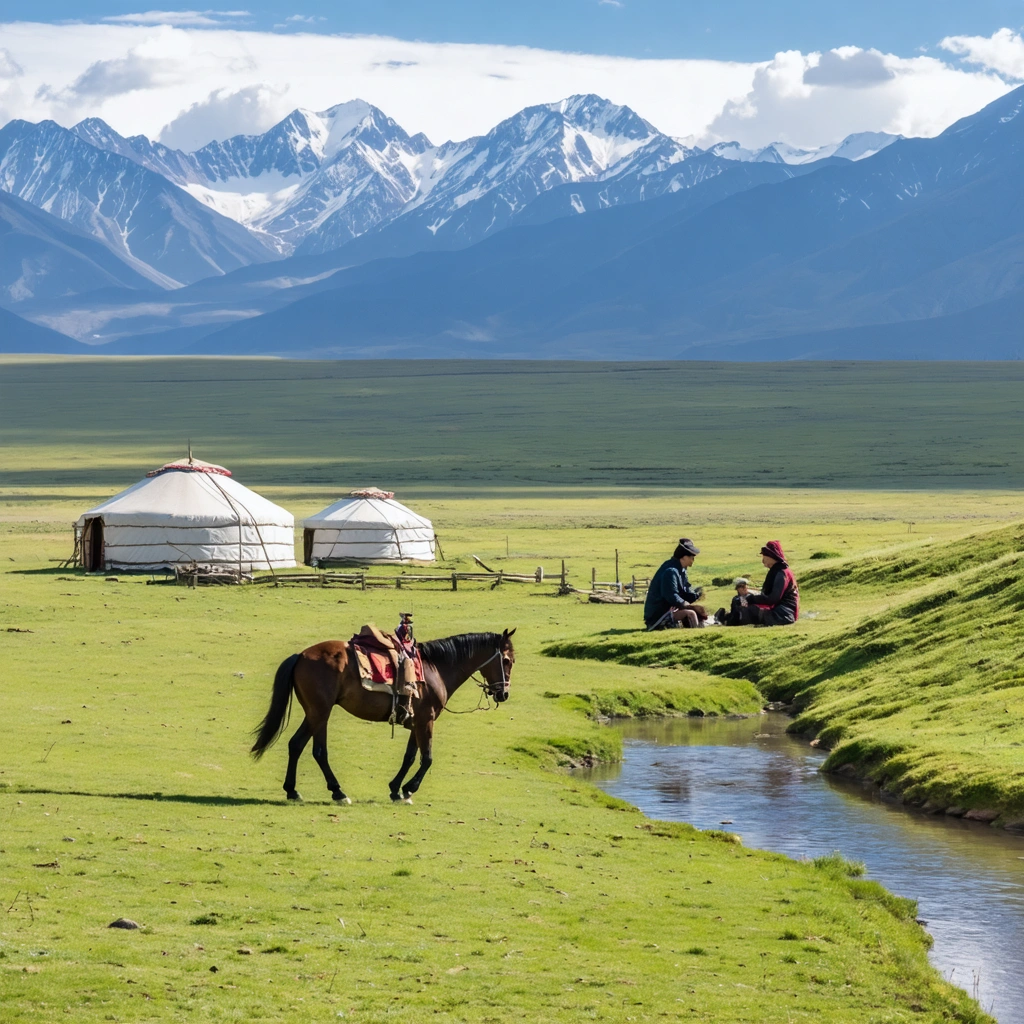 Personne marchant à côté d'un cheval dans une vallée verte du Kirghizistan, avec des yourtes en arrière-plan, des habitants partageant un thé, et des montagnes majestueuses sous un ciel clair.