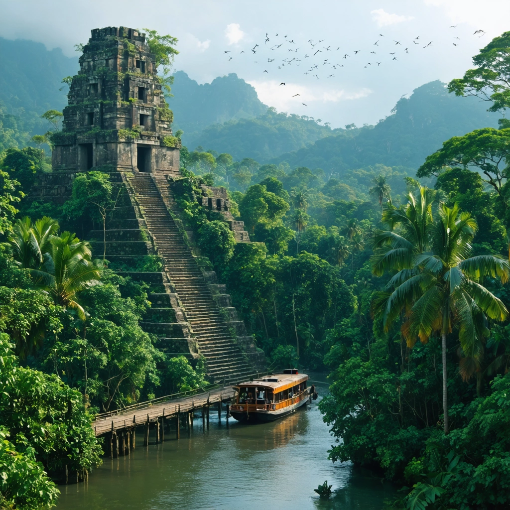 Ruines de temples mayas au cœur d'une jungle luxuriante du Belize, entourées d'arbres, de lianes, de toucans et de singes, avec une rivière traversée par un bac traditionnel, sans présence humaine moderne.