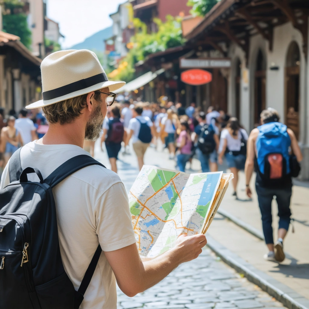 Scène de rue animée où un touriste consulte une carte tout en surveillant les passants, suggérant la présence d'une arnaque typique dans une ville étrangère.