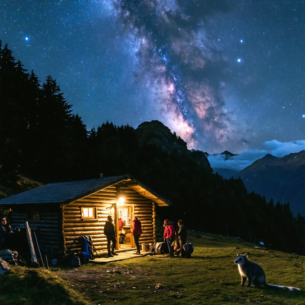 Des randonneurs arrivent à une cabane rustique de montagne en Nouvelle-Zélande, sous un ciel clair rempli d’étoiles et de la voie lactée, avec un opossum curieux à proximité.