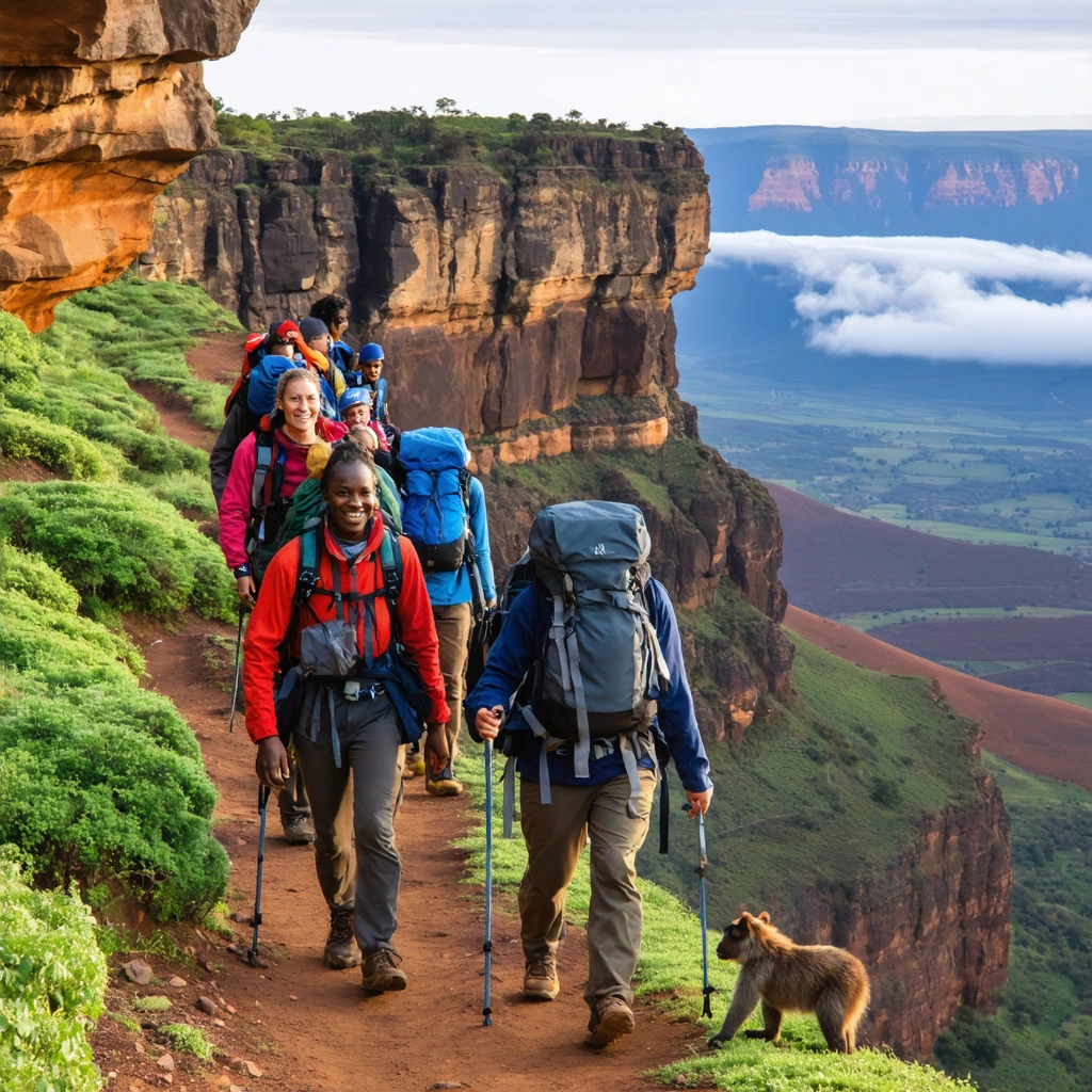 Groupe de randonneurs gravissant un sommet escarpé dans le massif du Simien en Éthiopie au lever du soleil, entourés de guides locaux et de singes géladas, avec des paysages spectaculaires en arrière-plan.