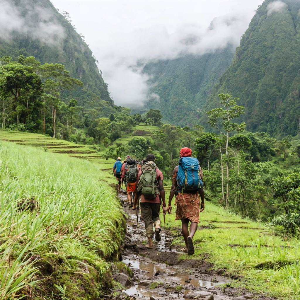 Un groupe de randonneurs aventureux sur un sentier étroit et boueux dans les hautes montagnes verdoyantes de Papouasie-Nouvelle-Guinée, avec des habitants en tenues traditionnelles et des vallées brumeuses en arrière-plan.