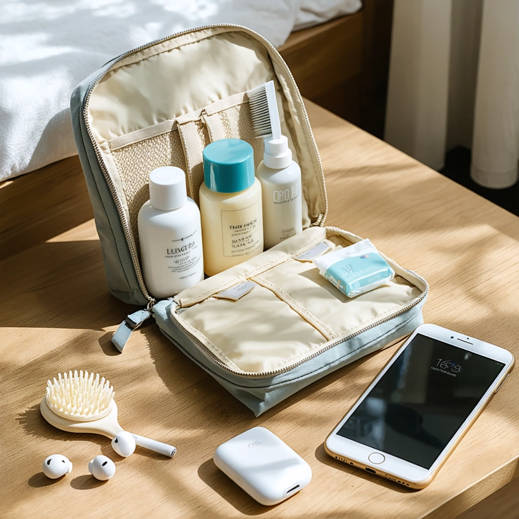 Une trousse de toilette légère ouverte sur une table, remplie de petits flacons de voyage et de produits multifonctions, avec un smartphone et une batterie externe posés à côté.