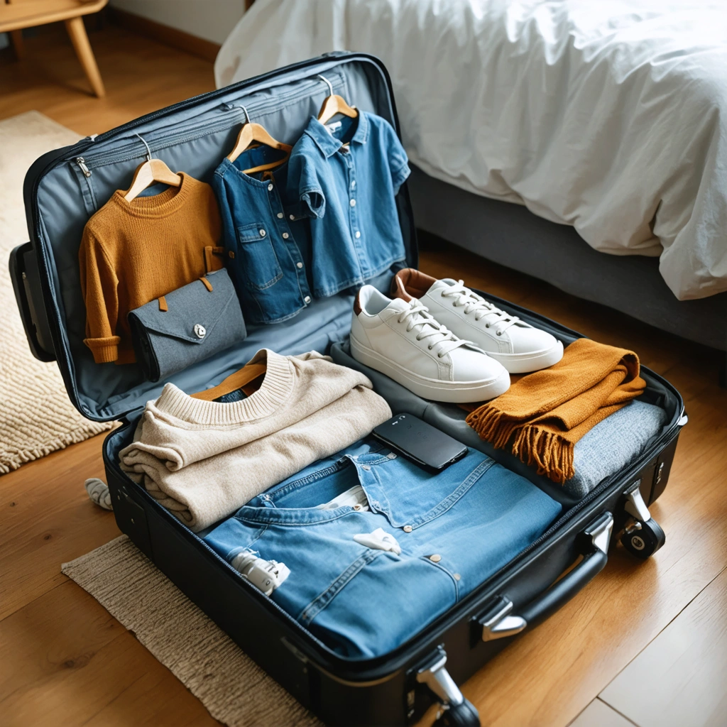 Une valise de voyage ouverte, bien rangée avec des vêtements pour toutes les saisons, des accessoires de voyage et des articles de toilette, prête pour partir.