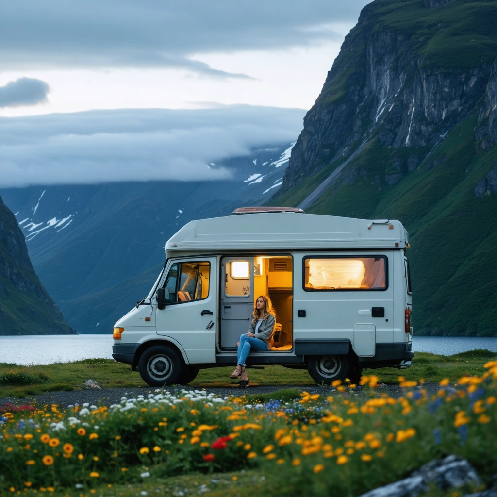 Van aménagé stationné près d’un fjord norvégien sauvage, entouré de montagnes et de fleurs, avec une femme profitant de la nature paisible.