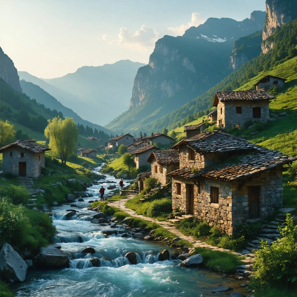 Vue d’un village traditionnel albanais au lever du soleil, entouré par les montagnes verdoyantes des Alpes albanaises, avec des maisons de pierre et une rivière traversant la vallée.
